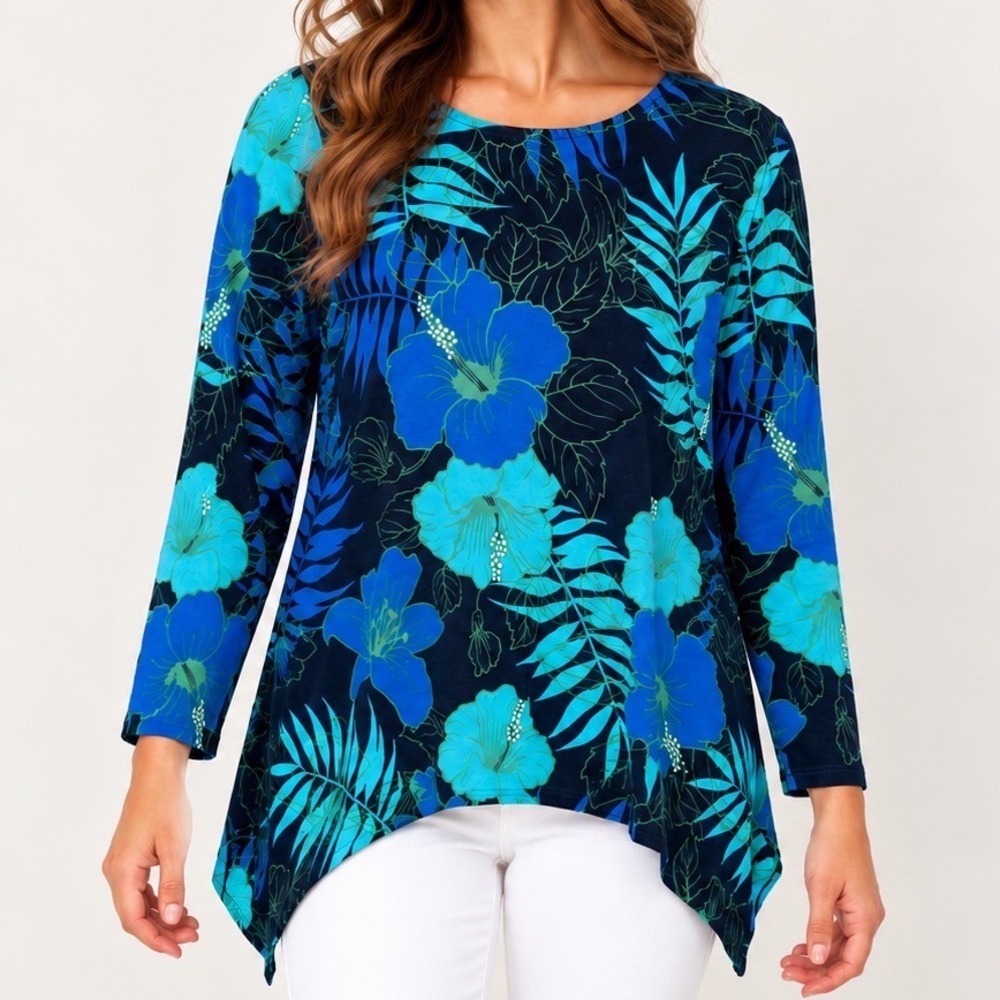 Ruby Rd Tropical Hibiscus Floral Tunic M Blue Resortcore Coastal Sharkbite Hem